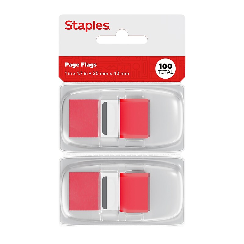 Staples Stickies Page Flags with Pop-Up Dispenser, 1" Wide, Red, 100/Count, 2/Pack (14110) image 1