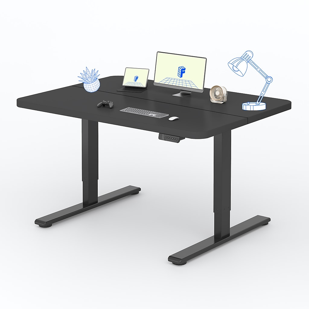 Desk with laptop monitors, keyboard, and accessories arranged
