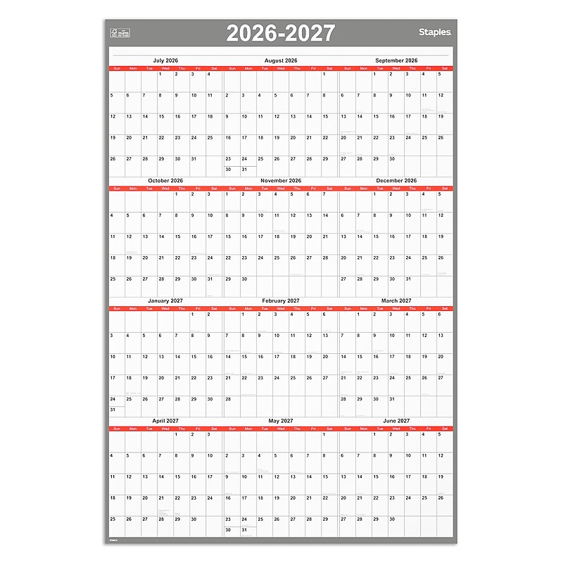 2026-2027 Staples 32" x 48" Academic Yearly Dry Erase Wall Calendar, Reversible, White/Red/Gray (ST54274-27) image 1