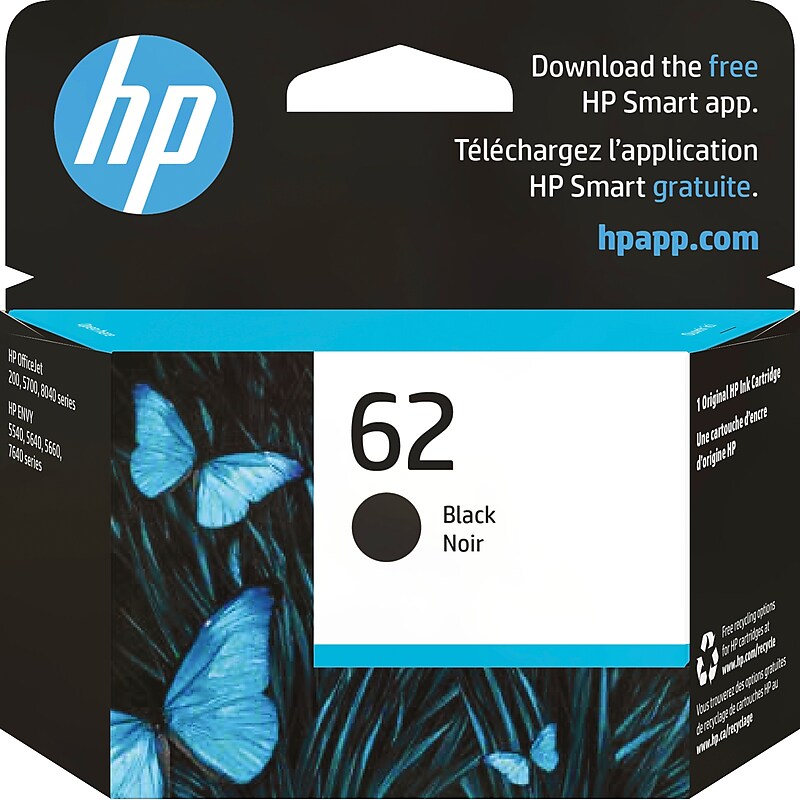 HP 62 Black Standard Yield Ink Cartridge, Prints Up to 200 Pages (C2P04AN#140) image 1