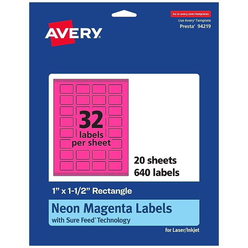 Avery Laser/Inkjet Rectangle Multipurpose Labels, 1" x 1.5", Neon Magenta, 640/Pack (94219) image 1