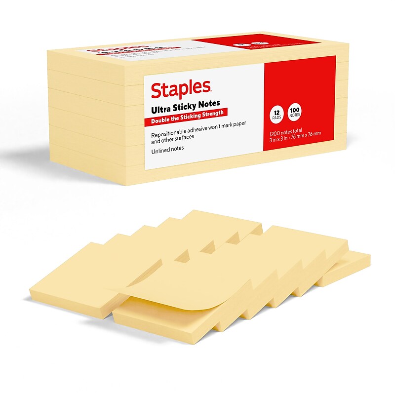 Staples Ultra Sticky Notes, 3" x 3", Sunshine Collection, 100 Sheets/Pad, 12 Pads/Pack (ST62887) image 1