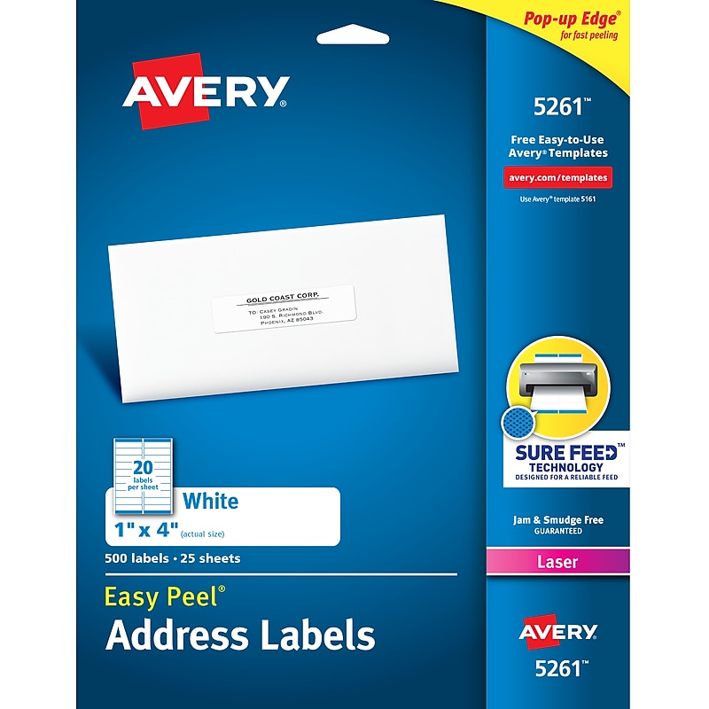 Avery Easy Peel Laser Address Labels, 1" x 4", White, 500 Labels/Pack (5261) image 1