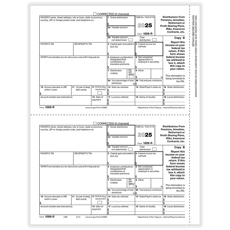ComplyRight 2025 1099-R Tax Form, 1-Part, 2-Up, Recipient Copy B, 50/Pack (514150) image 1