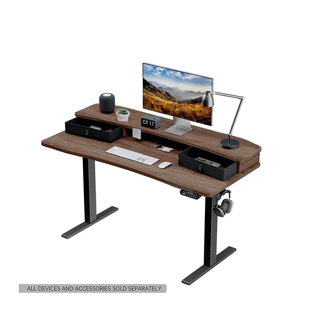 Desk setup with monitor, keyboard, and organizational accessories on walnut desk