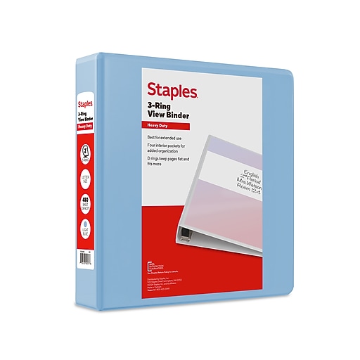 Staples Heavy Duty 2" 3-Ring View Binder, D-Ring, Light Blue (ST63094)