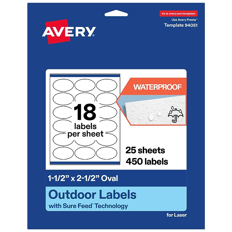 Avery Waterproof Oval Laser Multipurpose Labels, 1.5" x 2.5", White, 450/Pack (19479399177) image 1