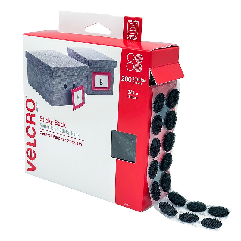 Velcro Dots 3/4" Dia. Sticky Back Hook & Loop Fastener, Black, 200/Pack (91823) image 1