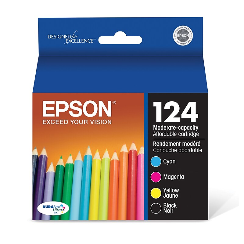 Epson T124 Black/Cyan/Magenta/Yellow Standard Yield Ink Cartridge, 4/Pack (T124120-BCS) image 1