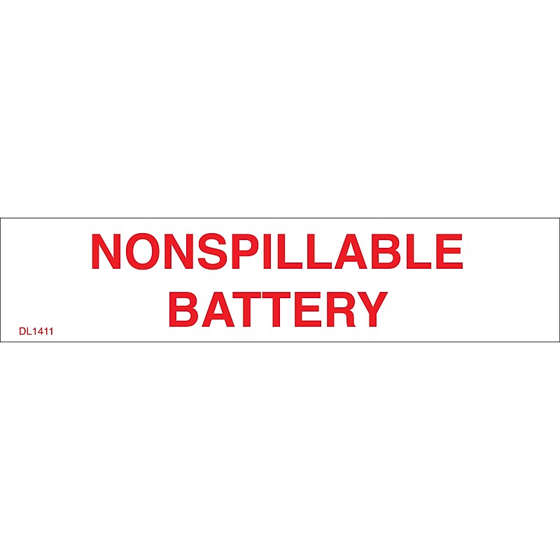 Decker Tape Products DL1411 "NONSPILLABLE BATTERY" Adhesive Label, 1" x 4.5", White/Red, 500 Labels/Roll (10000049) image 1