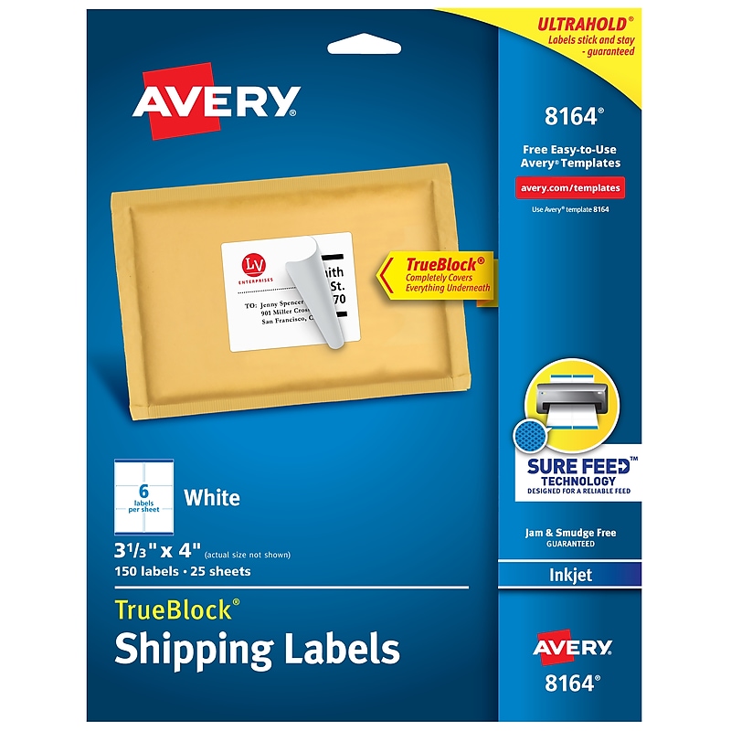 Avery TrueBlock Inkjet Shipping Labels, 3-1/3" x 4", White, 150 Labels/Pack (8164) image 1