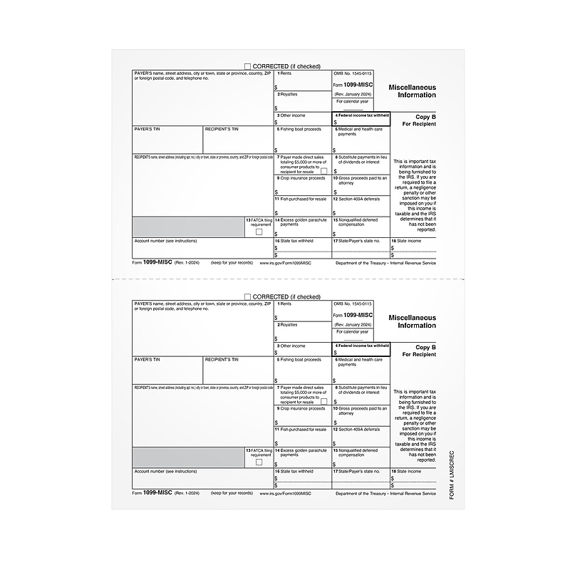 Adams Employee's Copies Cut Sheet 2025 1099-MISC Tax Form, 5-Part, Copy B, 50/Pack (LMISCREC-S) image 1