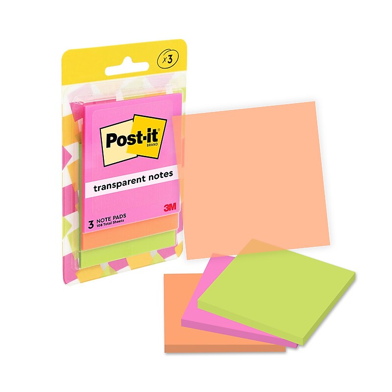 Post-it Transparent Sticky Notes, 2.8" x 2.8", Assorted Colors, 36 Sheets/Pad, 3 Pads/Pack (600-3COL) image 1