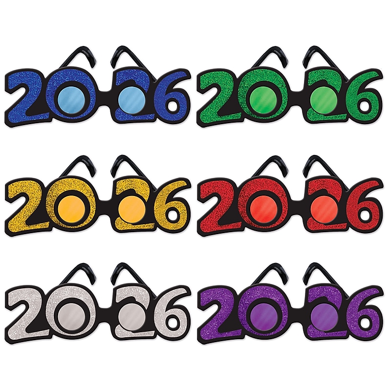 "2026" Glittered Plastic New Year's Eyeglasses, Assorted Colors, 3/Pack (50661-26) image 1