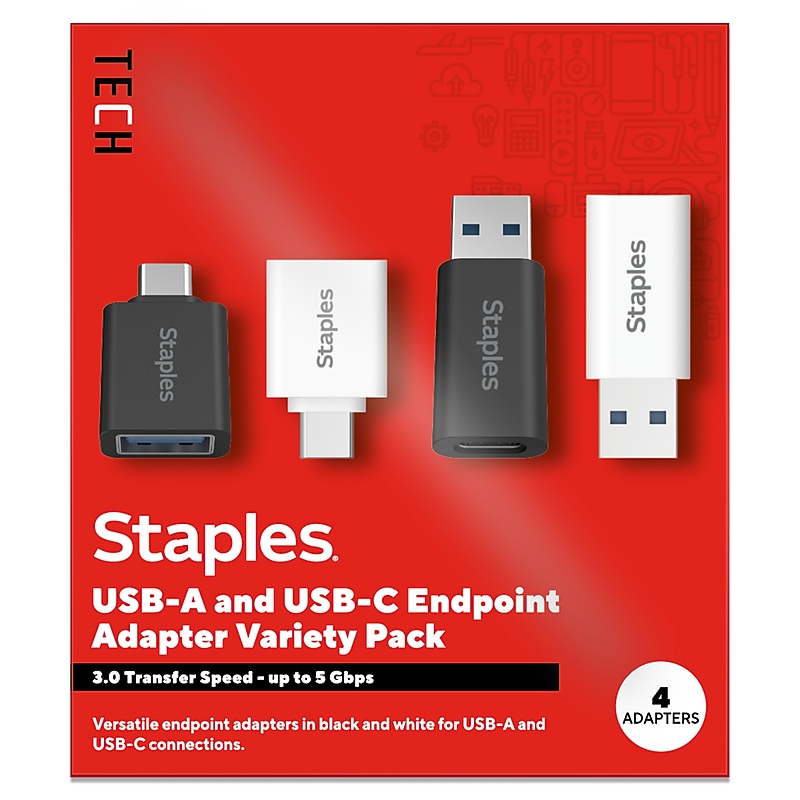 Staples TECH USB-A to USB-C & USB-C to USB-A Adapter, Male to Female, Assorted Colors, 4/Pack (ST63351) image 1
