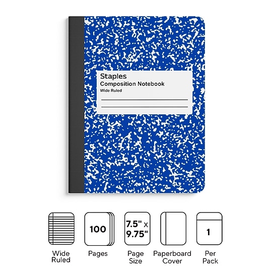 STAPLES Composition Notebook, 9.75” x 7.5”, Wide Ruled, 100 Sheets, Blue~#|#~E1B93E99-8CFA-4FB5-9FE99D2FFAC9A38B_sc7