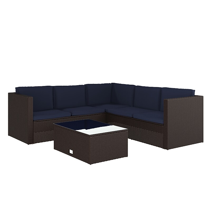 Flash Furniture Roan Indoor/Outdoor L-Shaped Sectional with Coffee Table, Brown with Navy Cushions (BNWS404NVBR) image 1