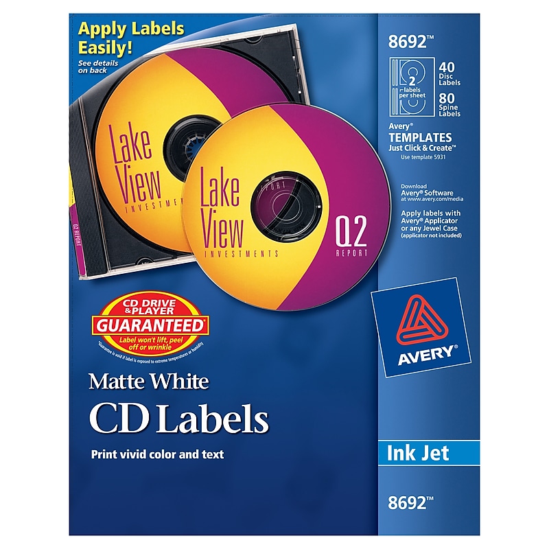 Avery Inkjet Media Labels, White Matte, 40 Disc and 80 Spine Labels/Pack (8692) image 1