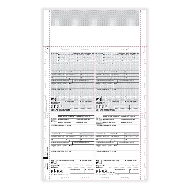 ComplyRight 2025 Pressure-Seal W-2 Tax Form, 1-Part, 4-Up, 500/Pack (5511B) image 1