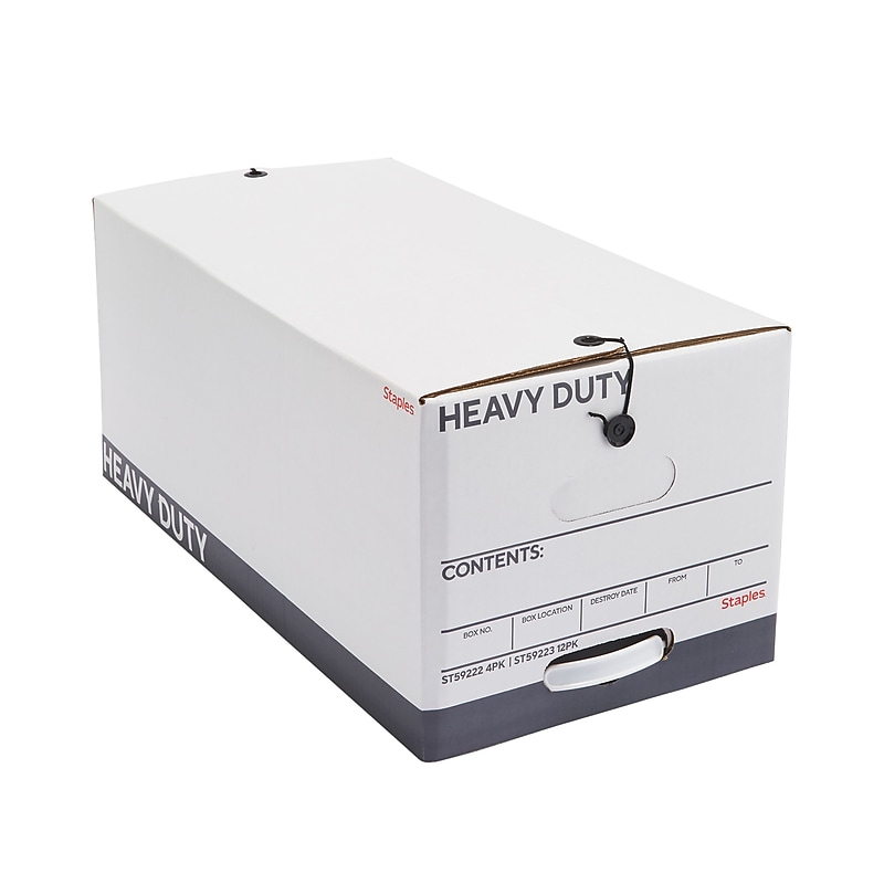 Staples Heavy Duty File Box, String and Button Lid, Letter, White/Gray, 4/Pack (TR59222) image 1