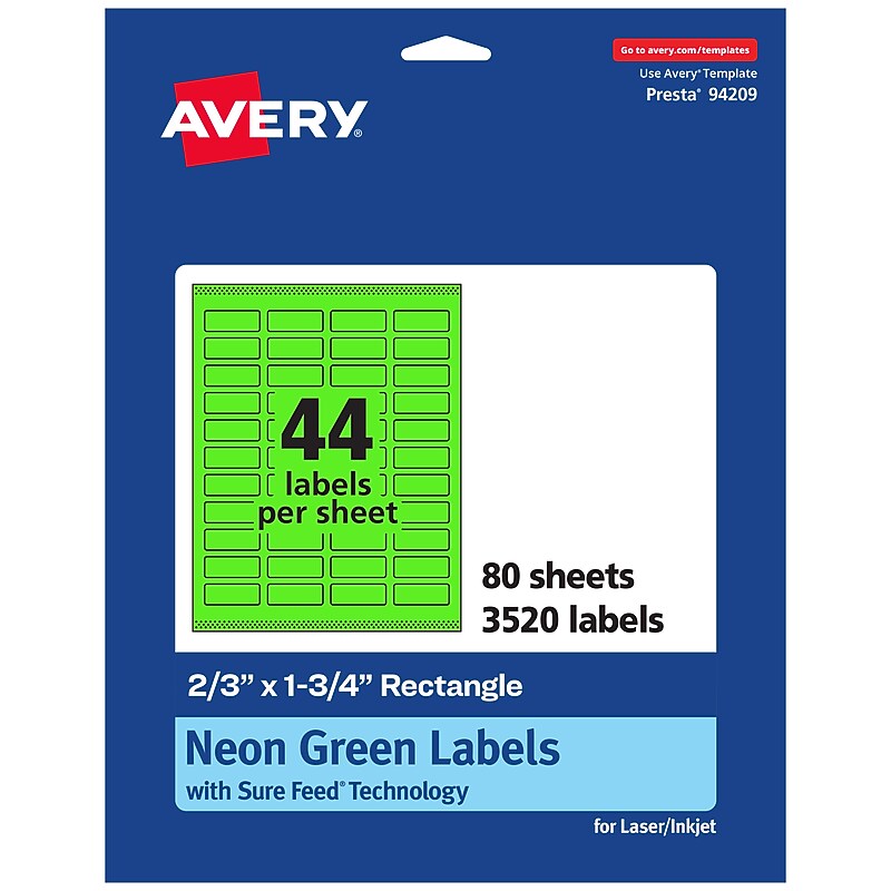 Avery Laser/Inkjet Multipurpose Rectangle Labels, 2/3" x 1-3/4", Neon Green, 3520/Box (94209) image 1