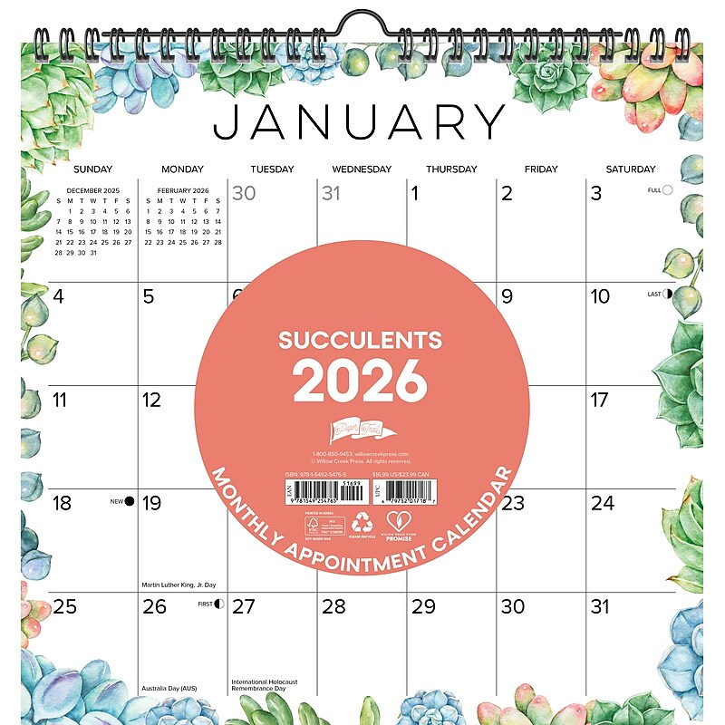 2026 Willow Creek Succulents 12" x 12" Monthly Wall Calendar (54765) image 1