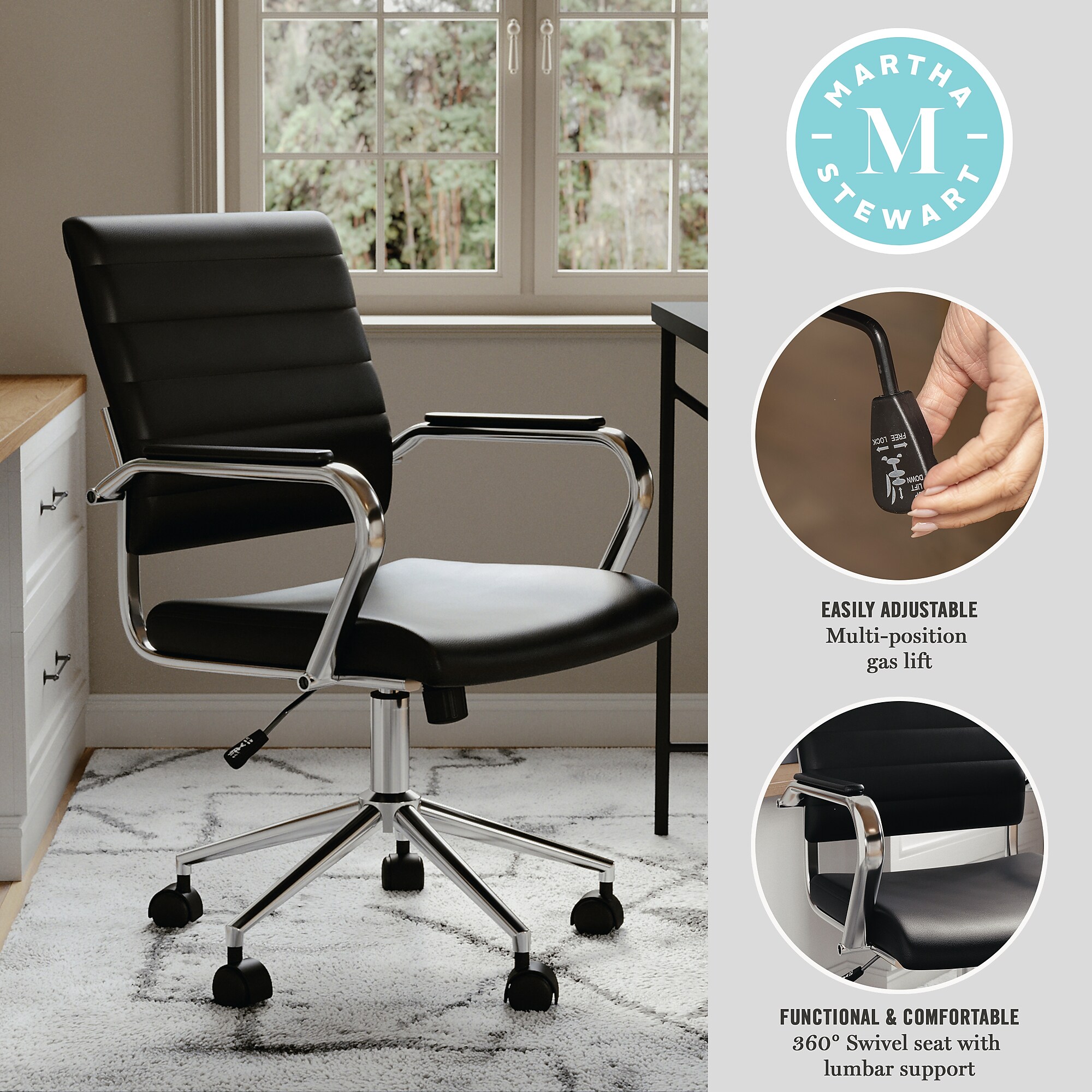Martha Stewart Piper Faux Leather Swivel Executive Chair, Black/Polished Nickel (CH2209212BK) Sansujyuku sansujyuku.com