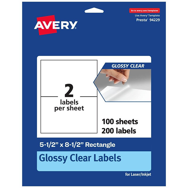 Avery Laser/Inkjet Multipurpose Labels, 8.5" x 5.5", Glossy Clear, 200/Box (94229) image 1