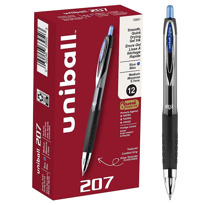 uni-ball 207 Retractable Gel Pens, Medium Point, 0.7mm, Blue Ink, Dozen (33951) image 1