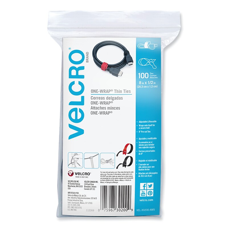 VELCRO® Brand ONE-WRAP Ties and Straps, 0.5" x 8", Black;Red, 100/Pack image 1