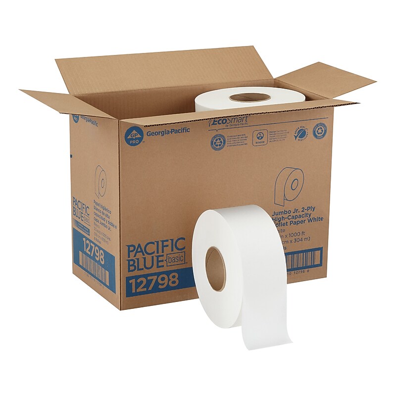 Georgia Pacific Blue Basic Recycled Jumbo Jr. Toilet Paper, 2-Ply, White, 1000 ft./Roll, 8 Rolls/Carton (12798) image 1