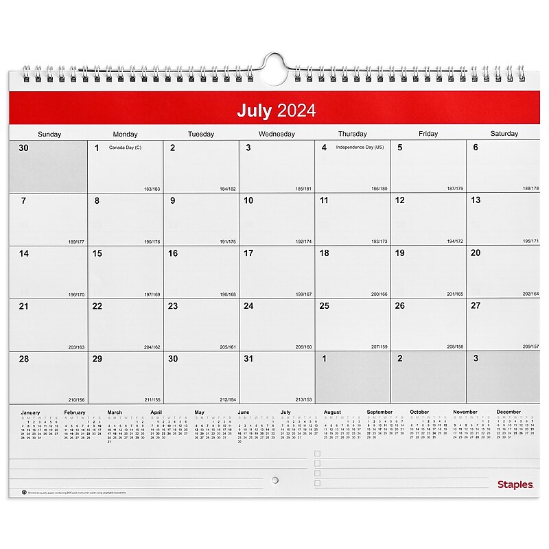 2024-2025 Staples 15" x 12" Academic Monthly Wall Calendar, Red/White  (ST54278-23) image 1
