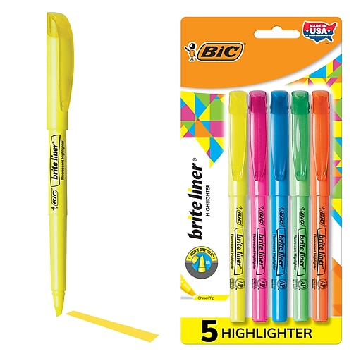 BIC Brite Liner Stick Highlighters, Chisel, Assorted, 5/Pack (BLP51W