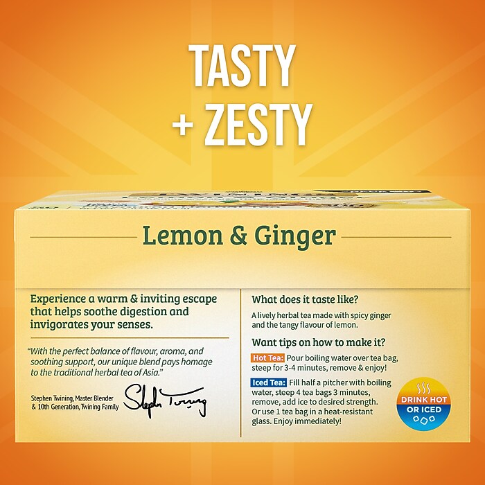 Twinings Caffeine Free Lemon & Ginger Herbal Tea Bags, 2.65 oz, 50