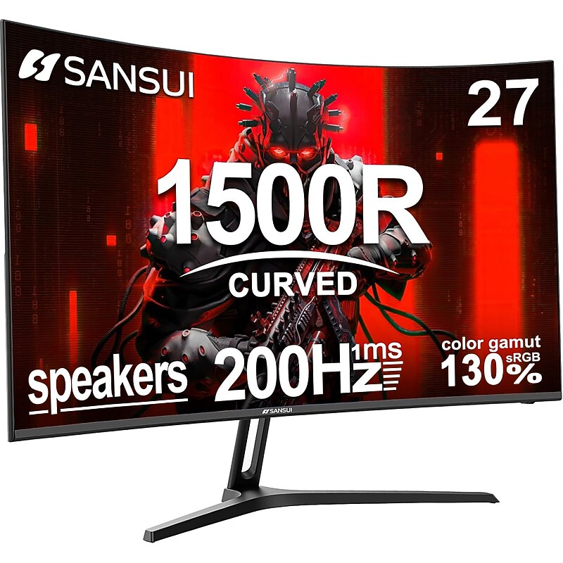 Sansui Series 27" Curved 200Hz AMD Free-Sync VA Gaming Monitor, HDR, Tilt Adjustable, Built-In Speakers, Black image 1