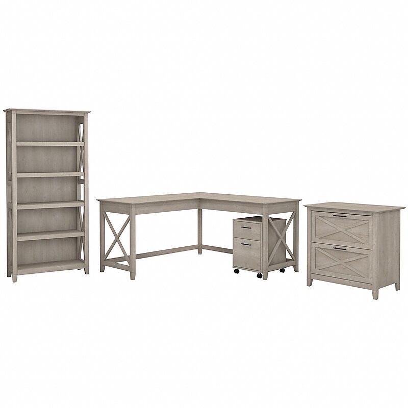 Bush Furniture Key West 60"W L Shaped Desk with File Cabinets and 5 Shelf Bookcase, Washed Gray (KWS017WG) image 1