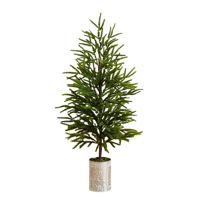 Nearly Natural Artificial Real Touch Norfolk Island Pine in Christmas Tin Metal Planter, 32" (T5388) image 1