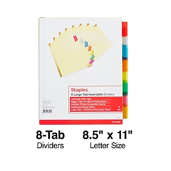 Staples Large Tab Insertable Paper Dividers, Assorted Color 8 Tab, Buff (13487/11111)