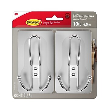 Command Large Hook, 5 lb., Brushed Nickel, 2 Hooks, 4 Strips/Pack