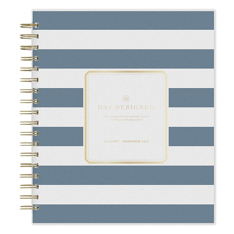 2027 Blue Sky Day Designer Rugby Stripe 8" x 10" Calendar Year Daily & Monthly Planner, Plastic Cover, Black/White (142098-27) image 1