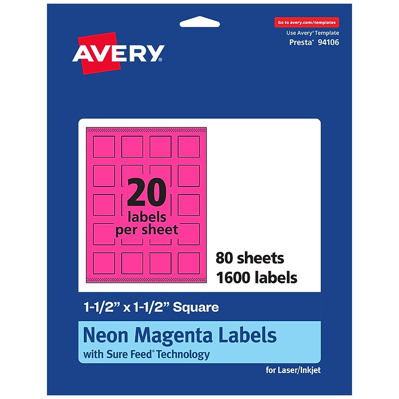 Avery Laser/Inkjet Square Multipurpose Labels, 1.5" x 1.5", Neon Magenta, 1600/Box (94106) image 1