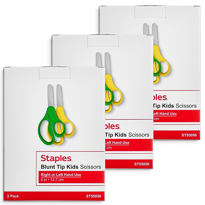 Staples 5" Stainless Steel Kids Scissors, Blunt Tip, Yellow/Green, 6/Pack image 1