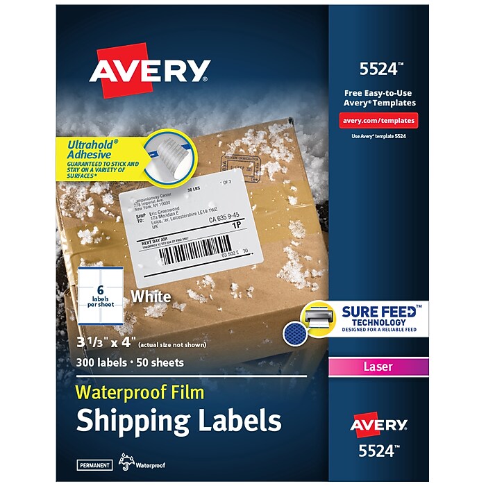 Avery Waterproof Laser Shipping Labels, 3-1/3