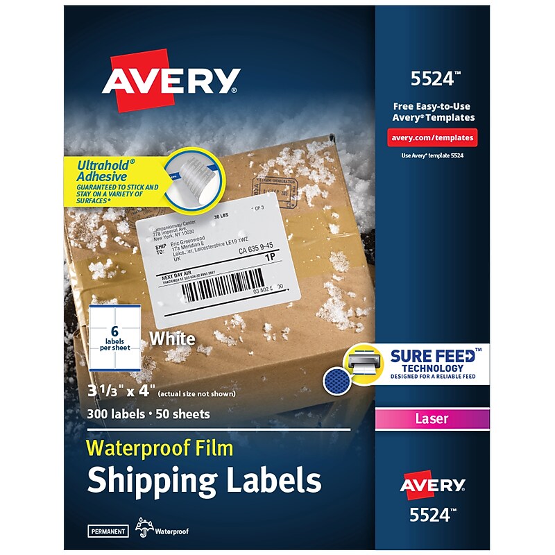 Avery Waterproof Laser Shipping Labels, 3-1/3" x 4", Matte White, 300 Labels/Box (5524) image 1