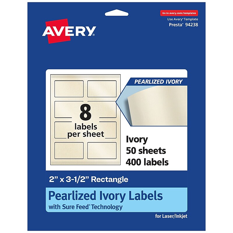 Avery Laser/Inkjet Rectangle Pearlized Labels, 2" x 3.5", Ivory, 400 Labels/Box (94238) image 1