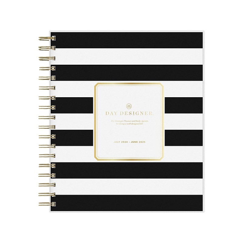 2024-2025 Blue Sky Day Designer Rugby Stripe 8" x 10" Academic Daily Planner, Plastic Cover, White/Black (137885-A25) image 1
