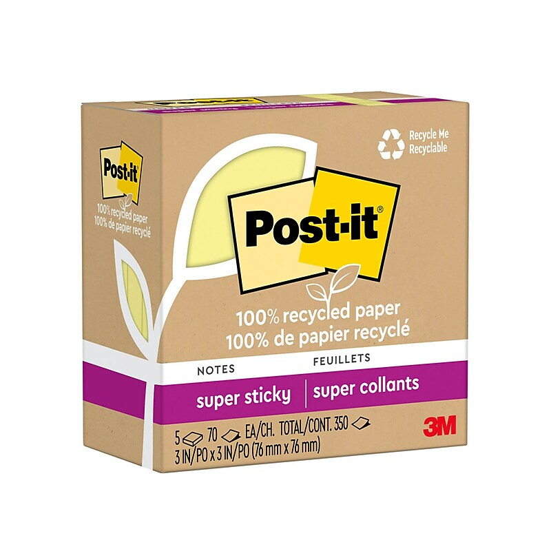 Post-it Recycled Super Sticky Notes, 3" x 3", Canary Collection, 70 Sheets/Pad, 5 Pads/Pack (654R-5SSCY) image 1