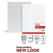 Staples® College Ruled Filler Paper, 8" x 10.5", White, 120 Sheets/Pack (ST37427D)
