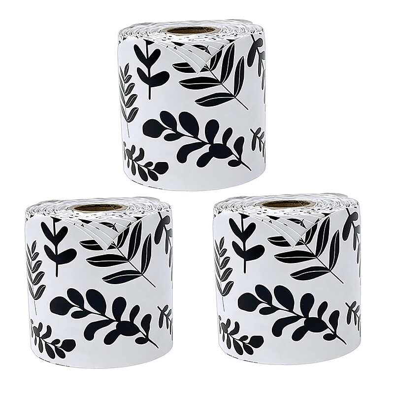 Carson Dellosa Education Rolled Scalloped Borders, 3"x 65', White with Black Leaves, 3/Bundle (CD-108497-3) image 1