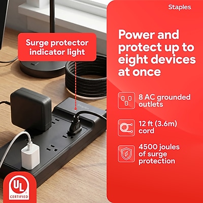 Staples TECH 8-Outlet Surge Protector, 12′, 4500 Joules, Black (ST62782) Sansujyuku sansujyuku.com